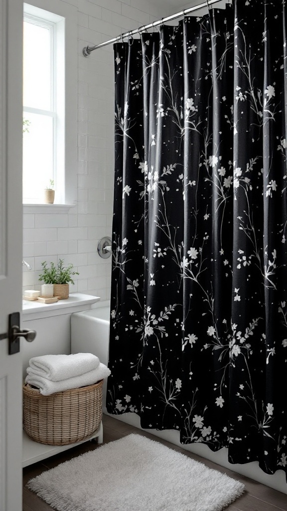 A black shower curtain with white floral patterns in a small, bright bathroom with white towels and natural light.