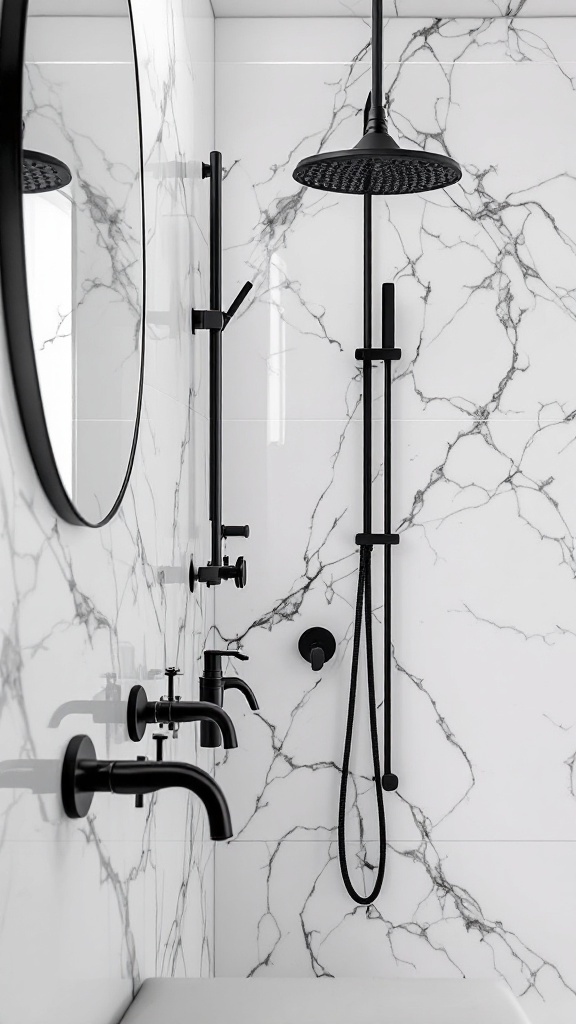 A chic black and white bathroom with black fixtures and white marbled tiles.