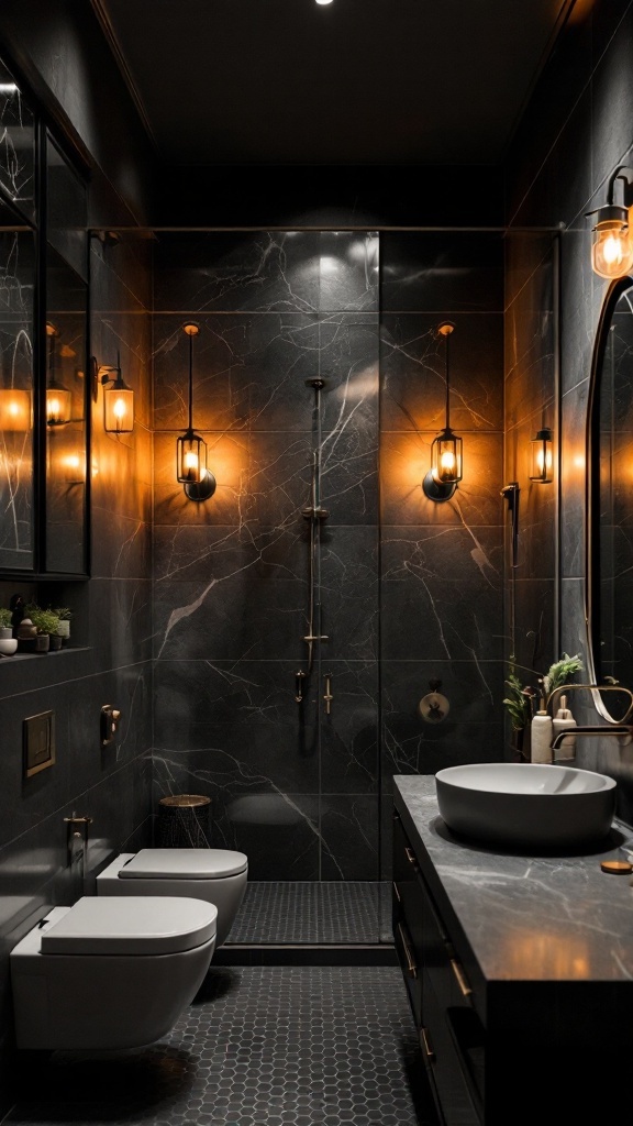 A stylish bathroom with a black ceiling and warm lighting fixtures.