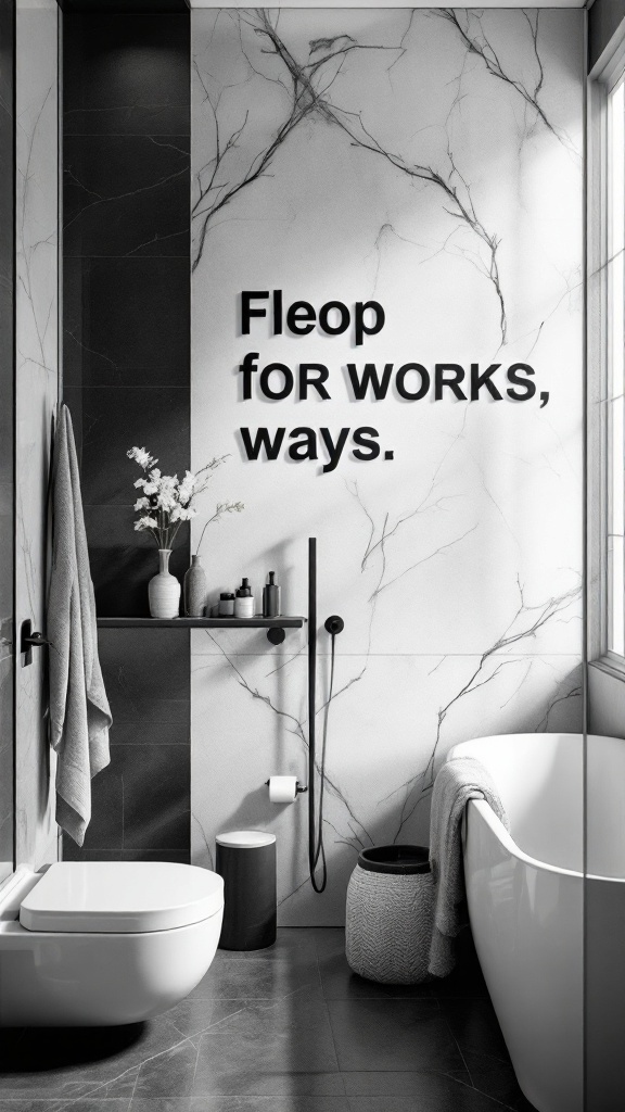 A modern black and white bathroom with contrasting textures and subtle marble patterns.