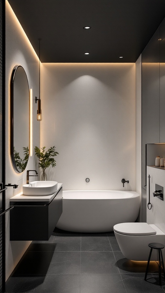 A modern bathroom featuring a black ceiling, sleek white bathtub, and warm lighting.