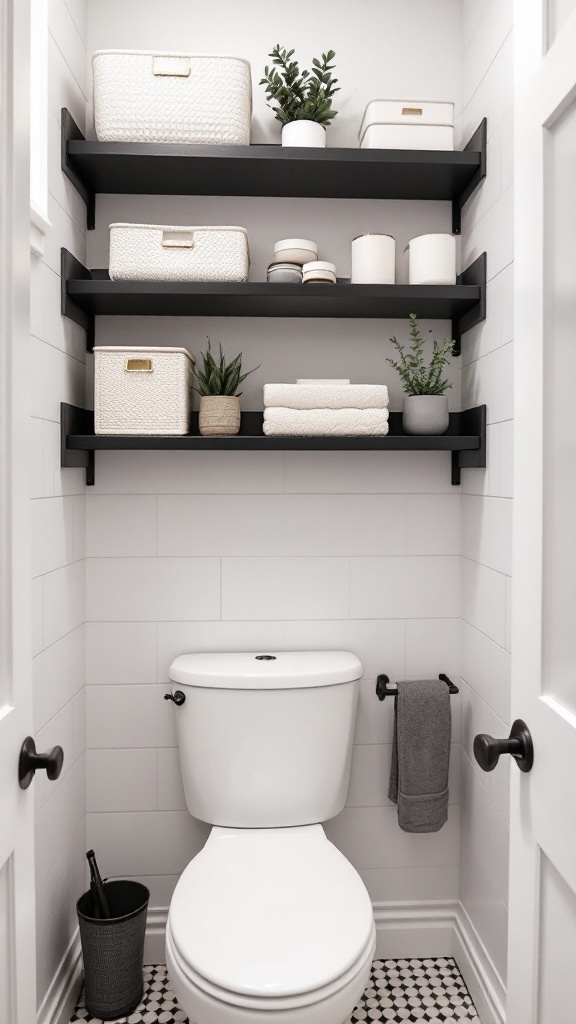 Small black and white bathroom with shelves above the toilet and organized storage.