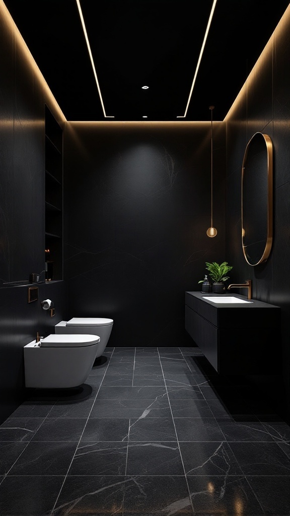 A modern bathroom featuring a black ceiling, dark walls, and stylish fixtures.