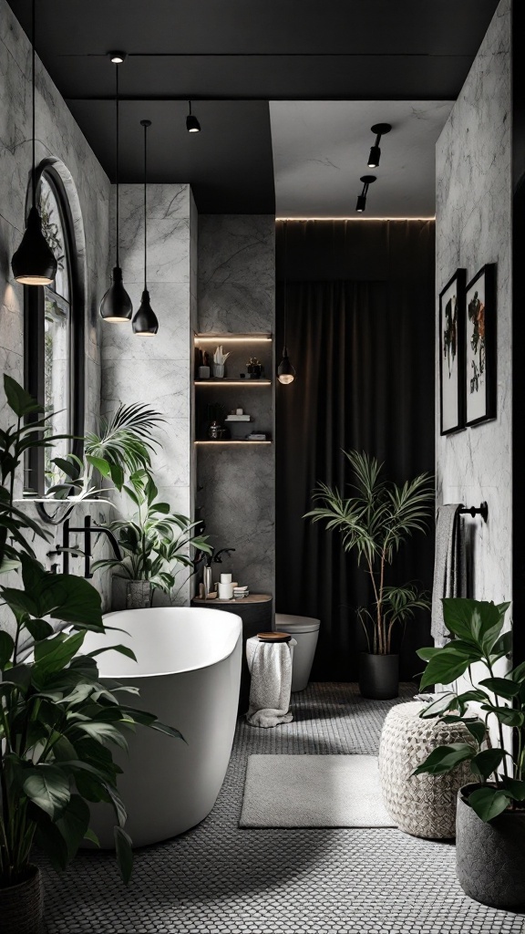 A modern bathroom featuring a black ceiling, lush greenery, and a freestanding tub.
