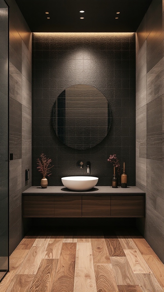 Stylish bathroom featuring a black ceiling, textured walls, wood flooring, and modern fixtures.