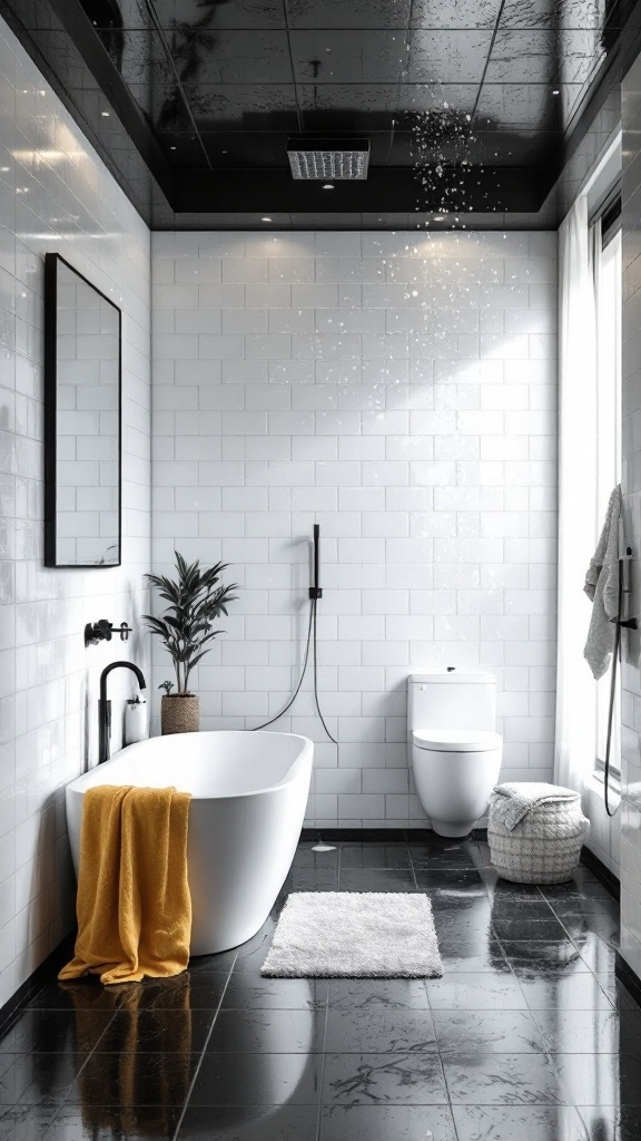 A modern bathroom with a black ceiling, white tiles, and a stylish bathtub, showcasing a relaxing atmosphere.