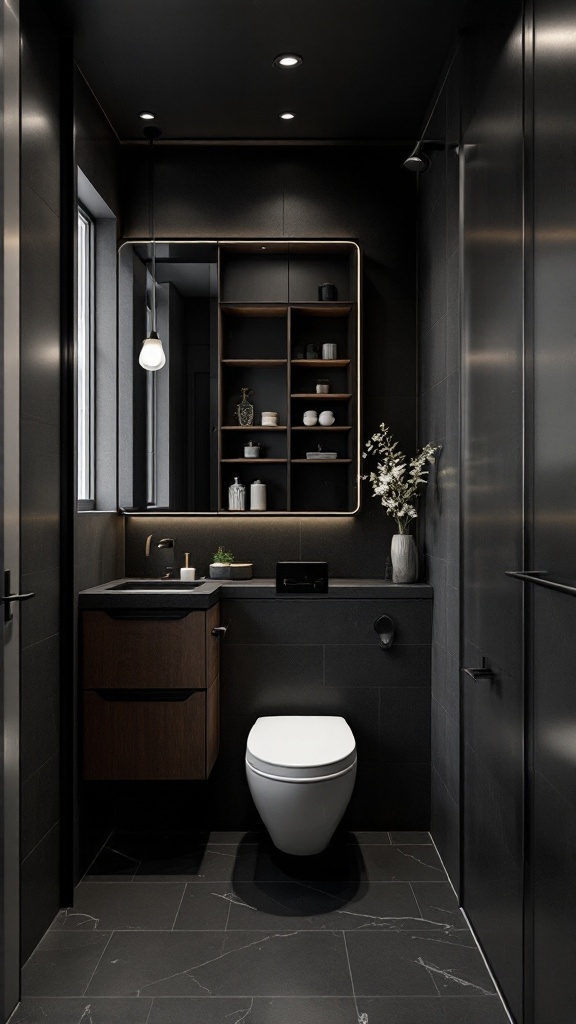 Modern small bathroom with black ceiling and dark tones