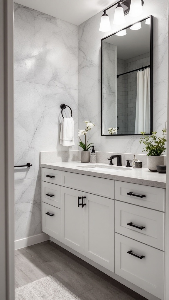 A minimalist bathroom featuring white cabinets with black hardware, stylish lighting, and decorative plants.