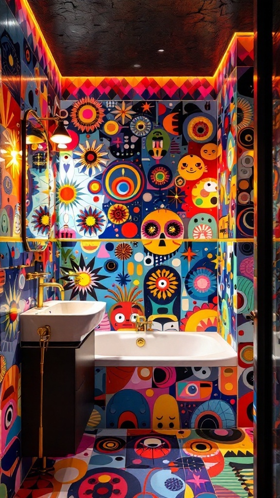 A colorful bathroom with a black ceiling, featuring vibrant patterns on the walls.