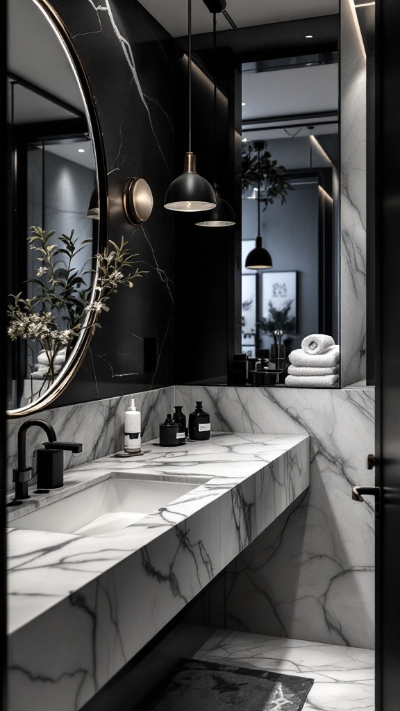 A small black and white bathroom featuring a marble countertop with a simple sink and elegant decor.