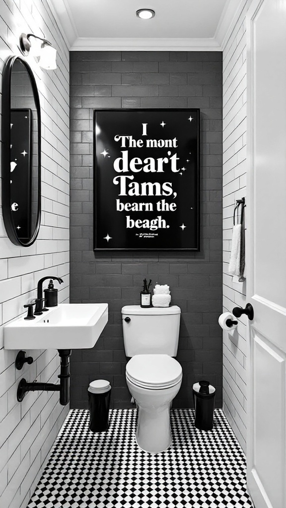 A small black and white bathroom featuring a bold statement art piece on the wall, a modern sink, and stylish decor.