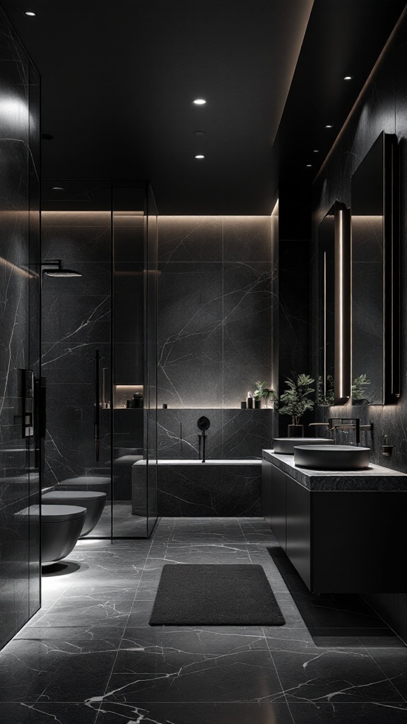 A modern bathroom featuring a black ceiling, dark marble tiles, and elegant lighting.