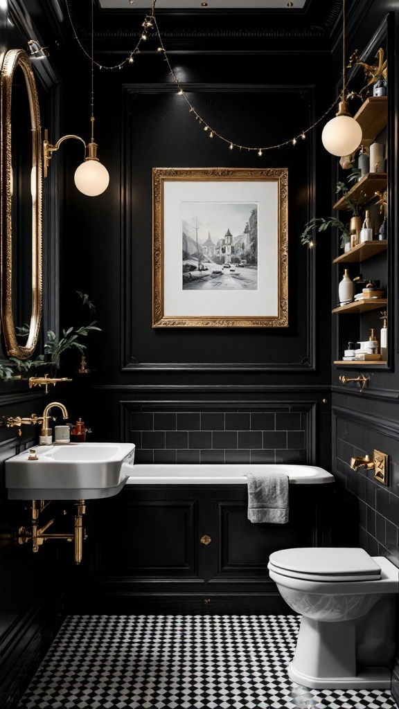 Artistic wall decor in a black, white, and gold bathroom, featuring framed artwork and stylish lighting.