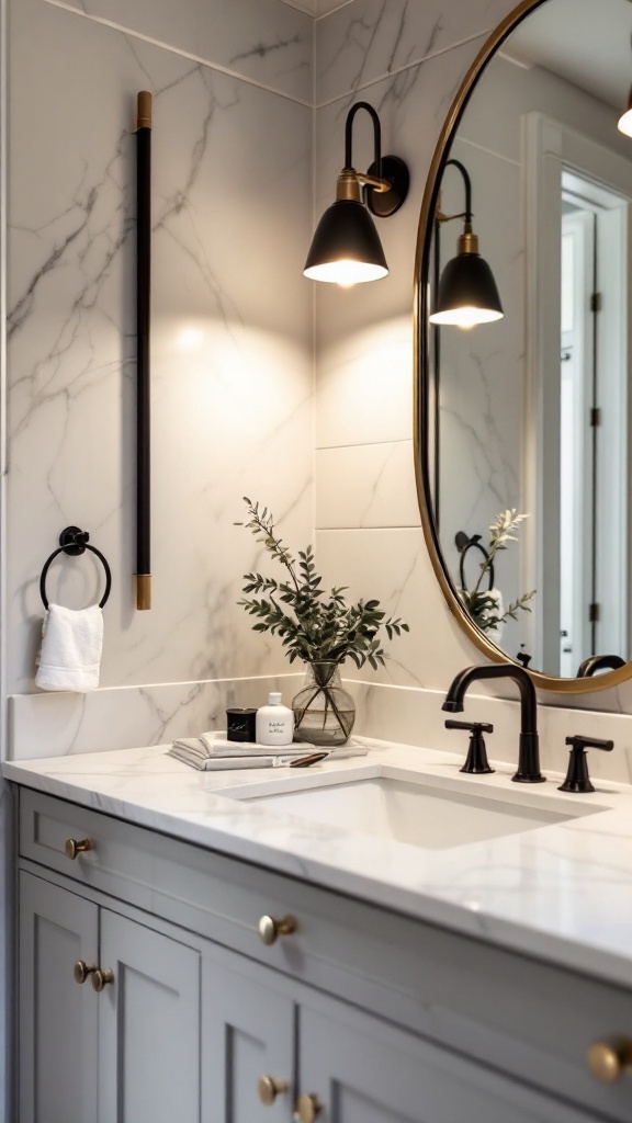 Stylish black, white, and gold bathroom featuring elegant lighting fixtures and a round mirror.