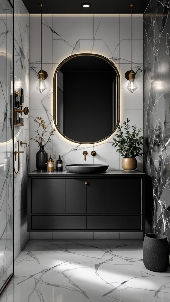 A modern black, white, and gold bathroom with a sleek design featuring various textures.