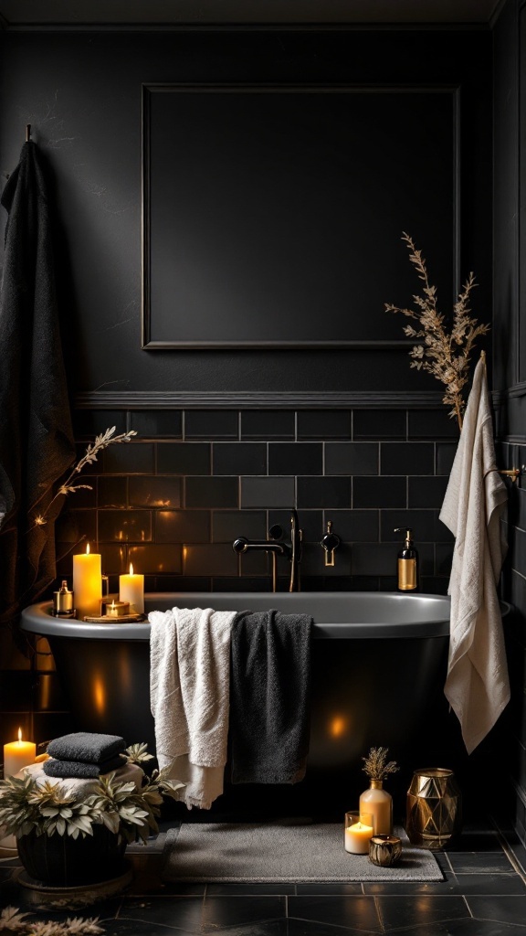 A cozy black, white, and gold bathroom featuring a black tub, soft towels, candles, and decorative plants.