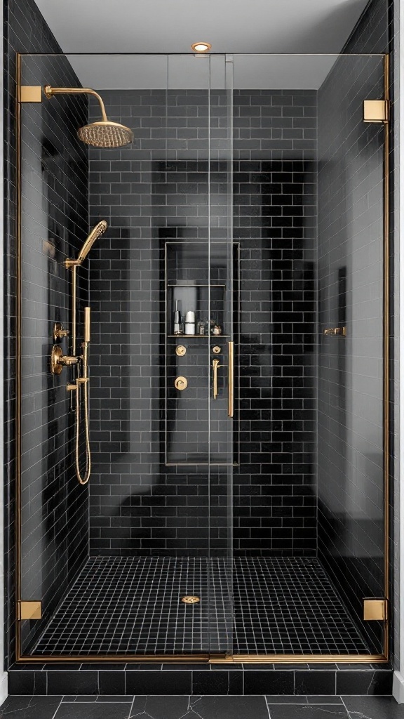 A stylish custom shower featuring black tiles and gold fixtures.