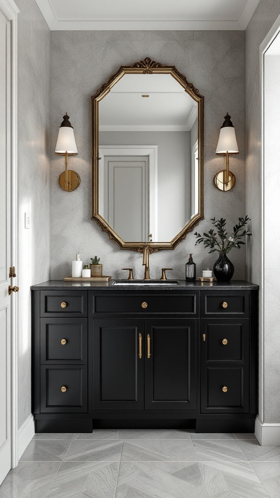 A stylish black and gold bathroom with a sleek vanity, ornate mirror, and elegant lighting.