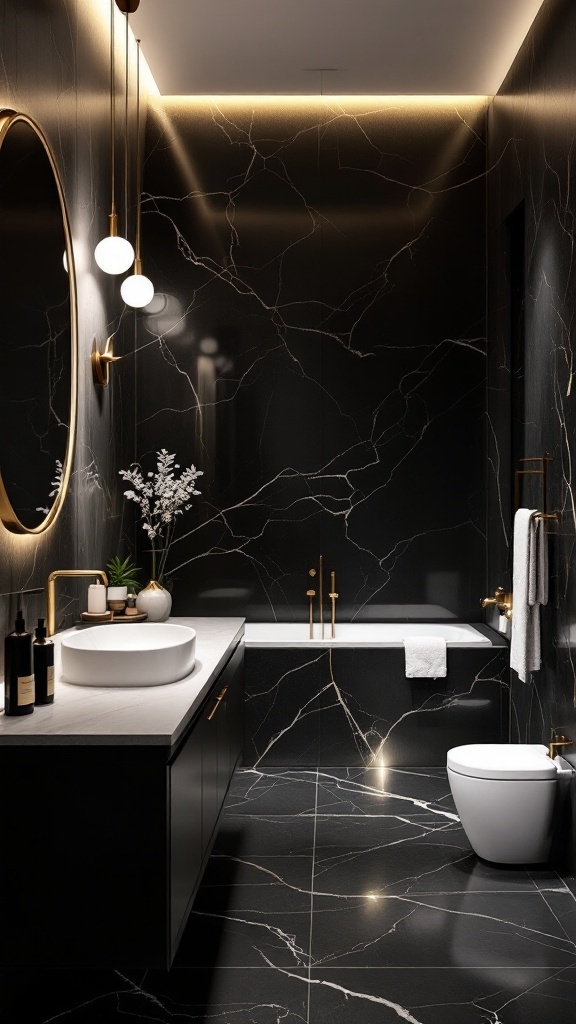 A modern black, white, and gold bathroom featuring marble walls, a freestanding tub, and elegant fixtures.