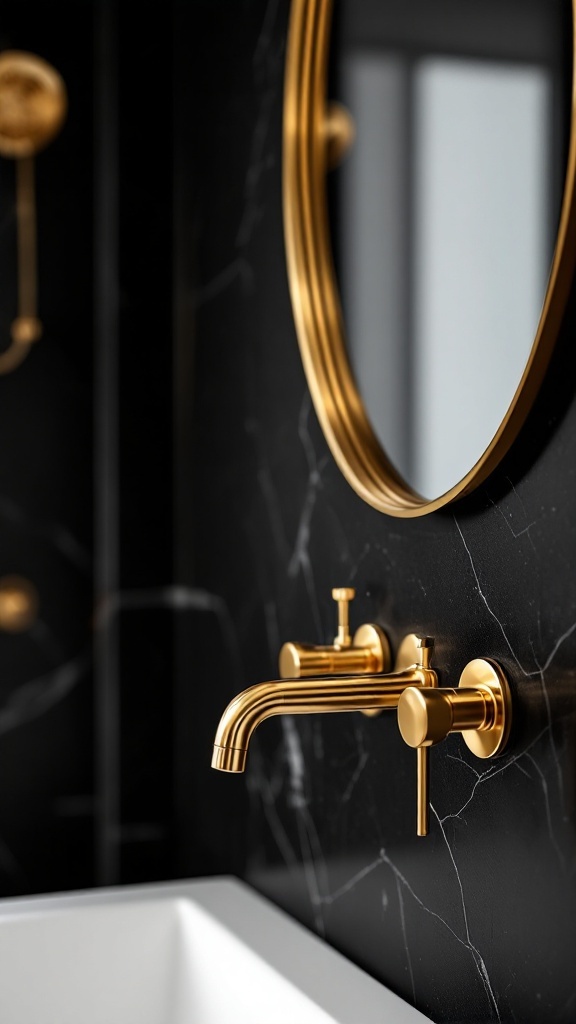 A close-up view of gold bathroom fixtures against a black marble wall with a round mirror.