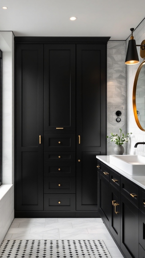 A modern black and white bathroom featuring sleek storage cabinets and gold accents.