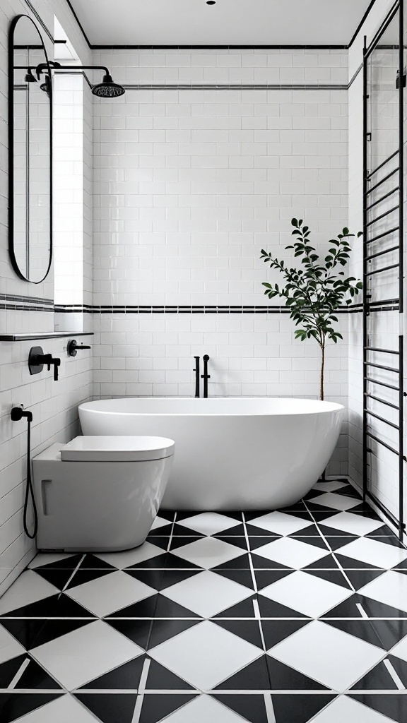 A black and white bathroom with striking monochrome tiles, featuring a freestanding tub and a small plant.