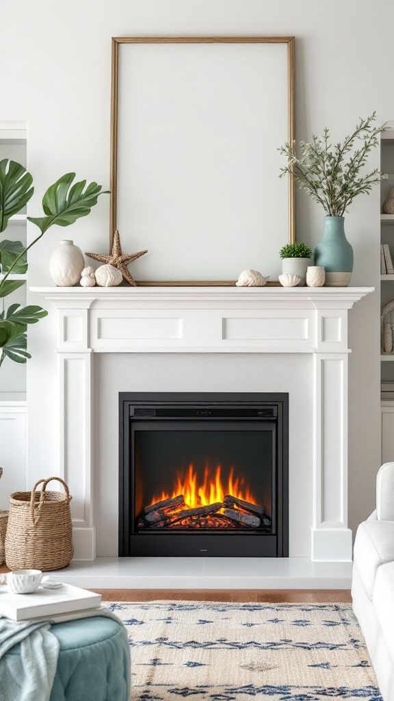 A coastal inspired electric fireplace with a white mantle, decorated with seashells, plants, and a blank frame above.