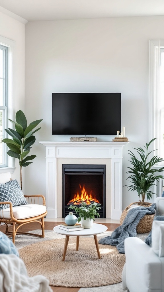 Cozy living room featuring a corner electric fireplace with a TV above it, light colors, and coastal decor.