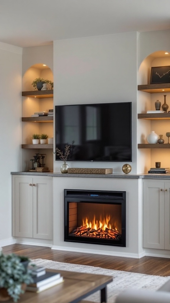 A contemporary corner electric fireplace with built-in shelves and a TV above it