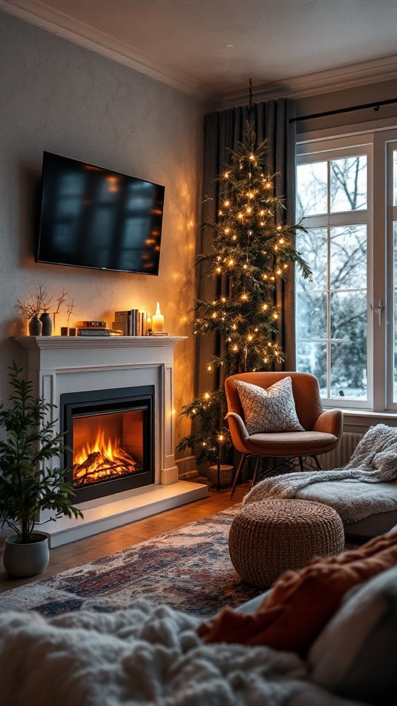 Cozy living room corner with an electric fireplace, TV, and a Christmas tree