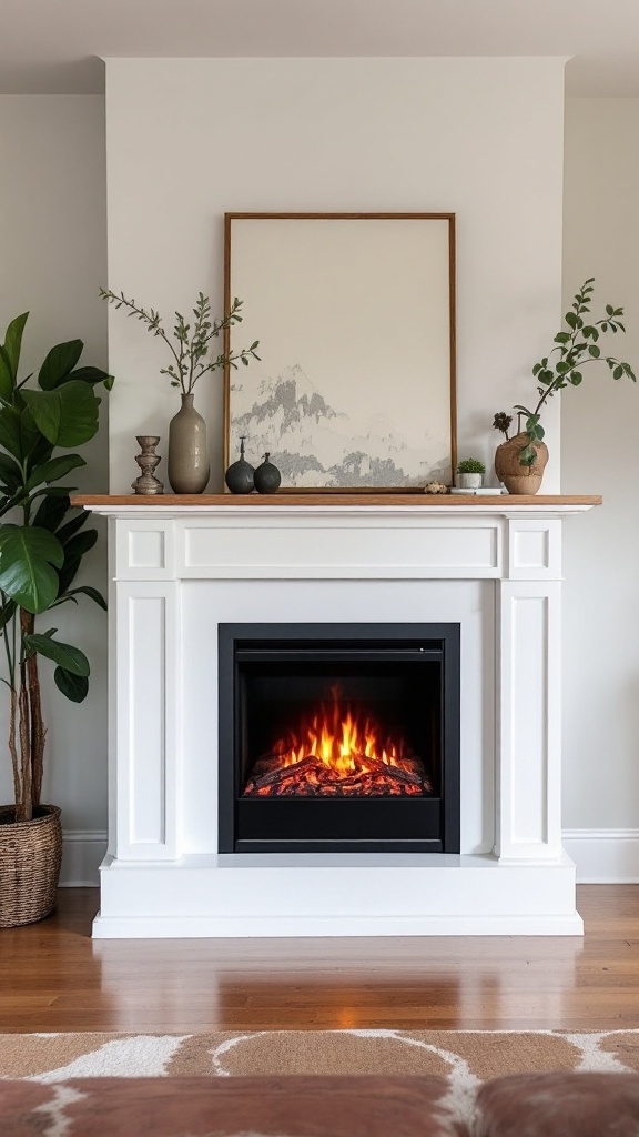 Customized electric fireplace with a white mantle, decorative vases, and wall art.