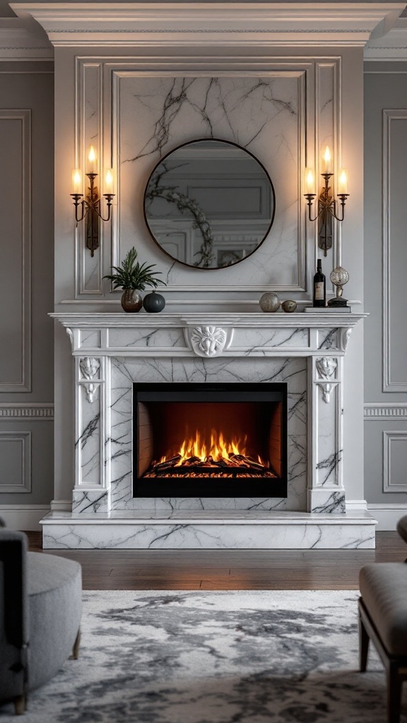 An elegant electric fireplace with a marble mantle, featuring a round mirror and decorative items