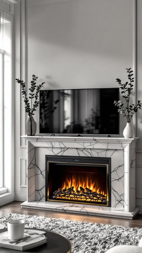 A corner electric fireplace with a marble surround, featuring a TV mounted above it, surrounded by decorative vases.