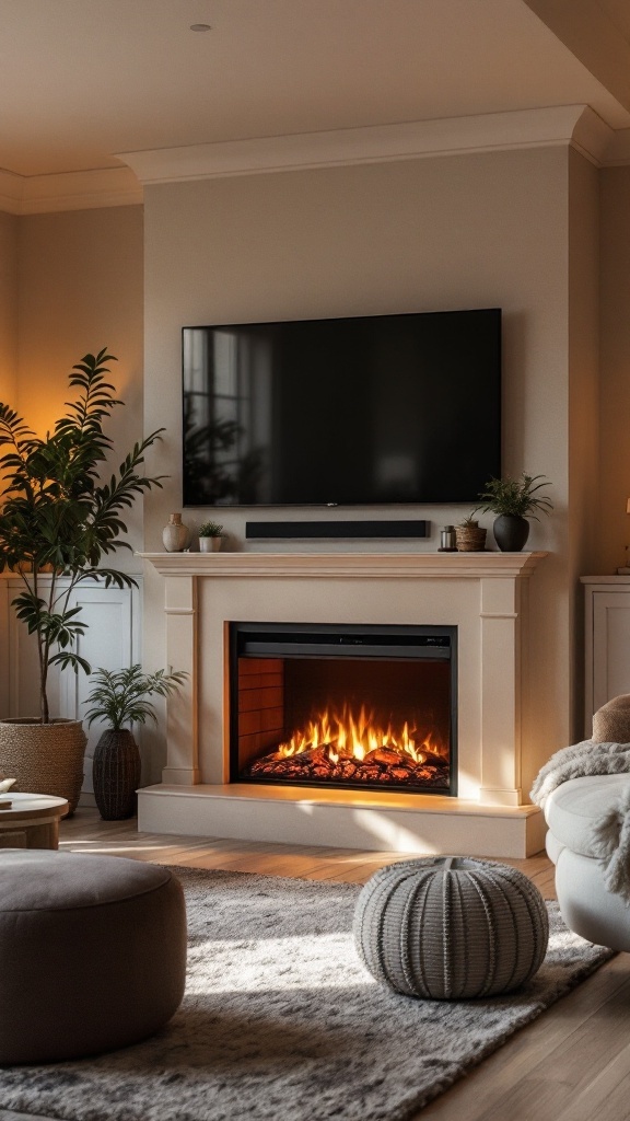 A cozy corner electric fireplace with a TV mounted above it, surrounded by soft furnishings and plants.