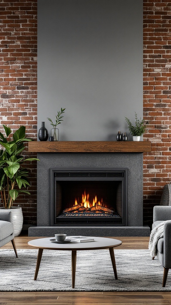 Industrial style electric fireplace with a wooden mantle, set against a brick wall, featuring modern seating and decorative plants.