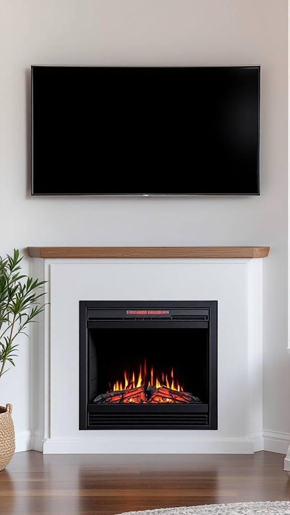 A modern corner electric fireplace with a TV mounted above it, featuring a simple white mantel and natural wood shelf.