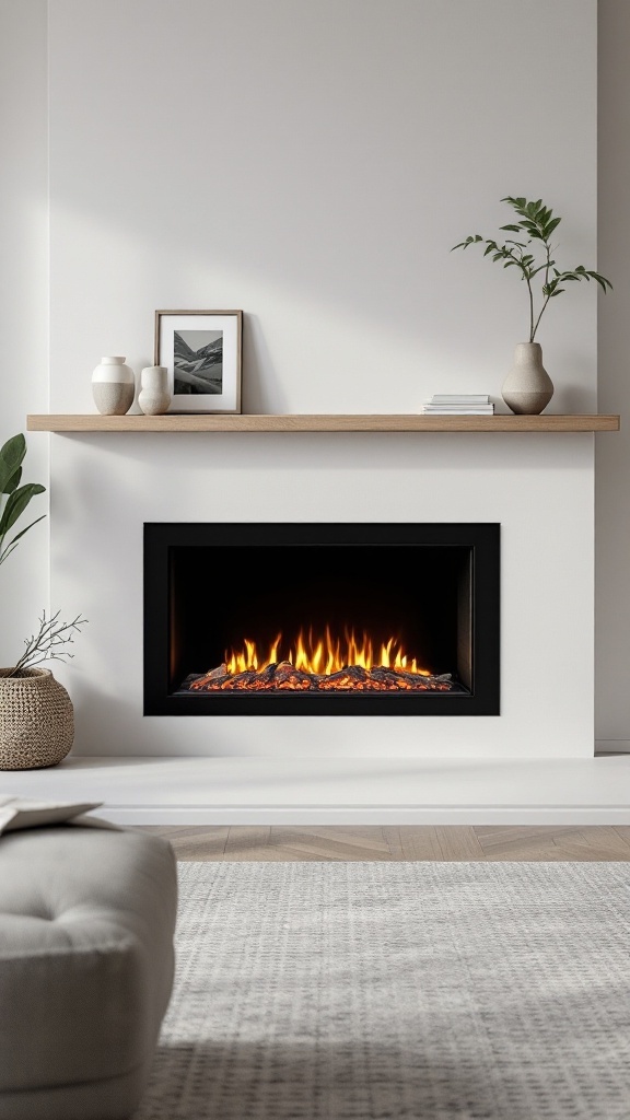 Modern minimalist electric fireplace setup with a wooden mantle and simple decor.