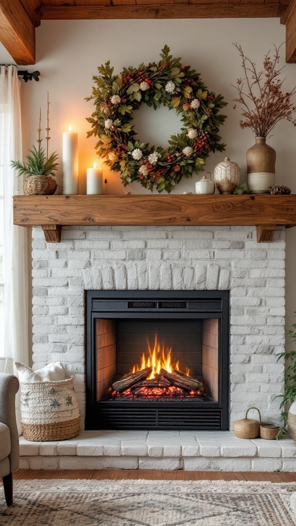 A cozy living room featuring a white brick electric fireplace with a wooden mantle, decorated with a wreath and candles.