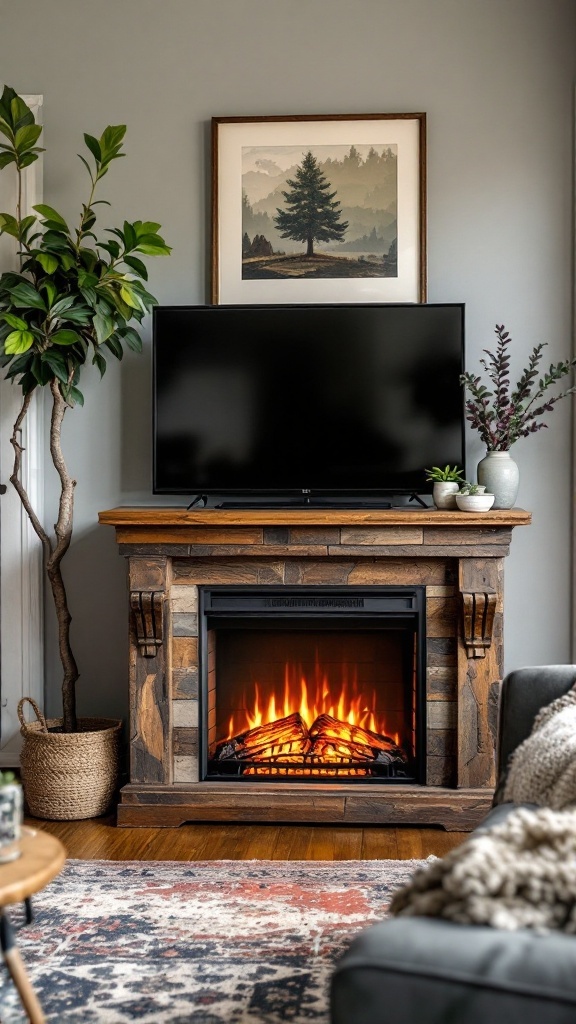 A corner electric fireplace made of wood with a TV mounted above, accompanied by plants and a cozy rug.