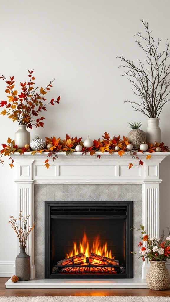 A beautifully decorated electric fireplace with fall leaves and seasonal decor