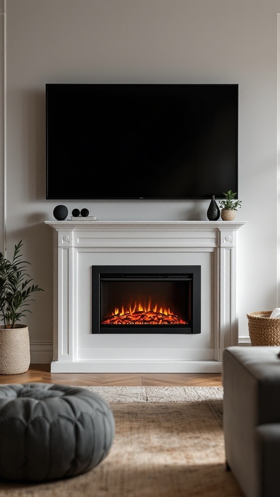 A modern corner electric fireplace with a TV mounted above it, showcasing a cozy living room setup.