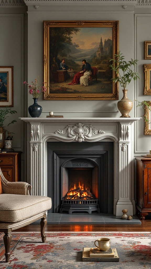 A cozy living room featuring an ornate mantle with an electric fireplace and elegant decor.