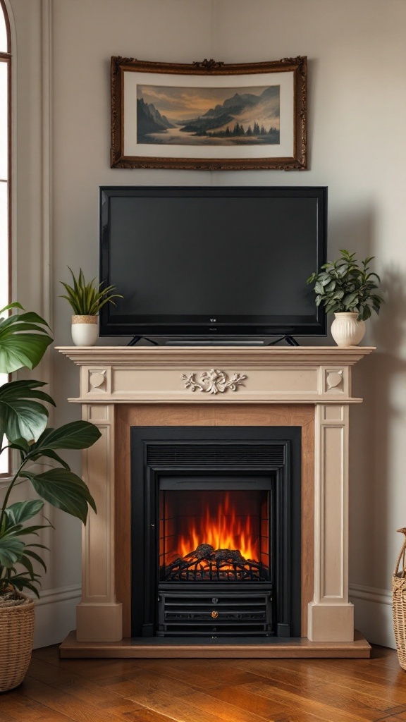 Corner electric fireplace with a TV mounted above a traditional mantel, surrounded by plants.