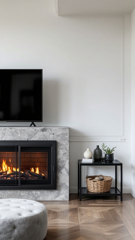 An urban loft corner featuring a modern electric fireplace with a TV above, showcasing a stylish industrial design.