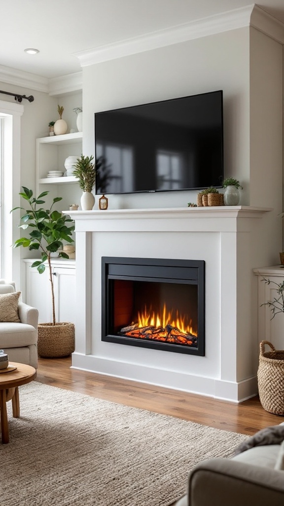 A cozy farmhouse living room featuring a modern electric fireplace and a flat-screen TV.