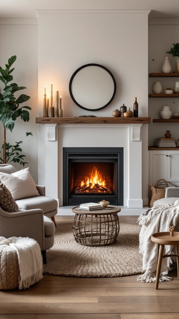 Cozy seating area with an electric fireplace, featuring soft armchairs, a round coffee table, and decorative elements.