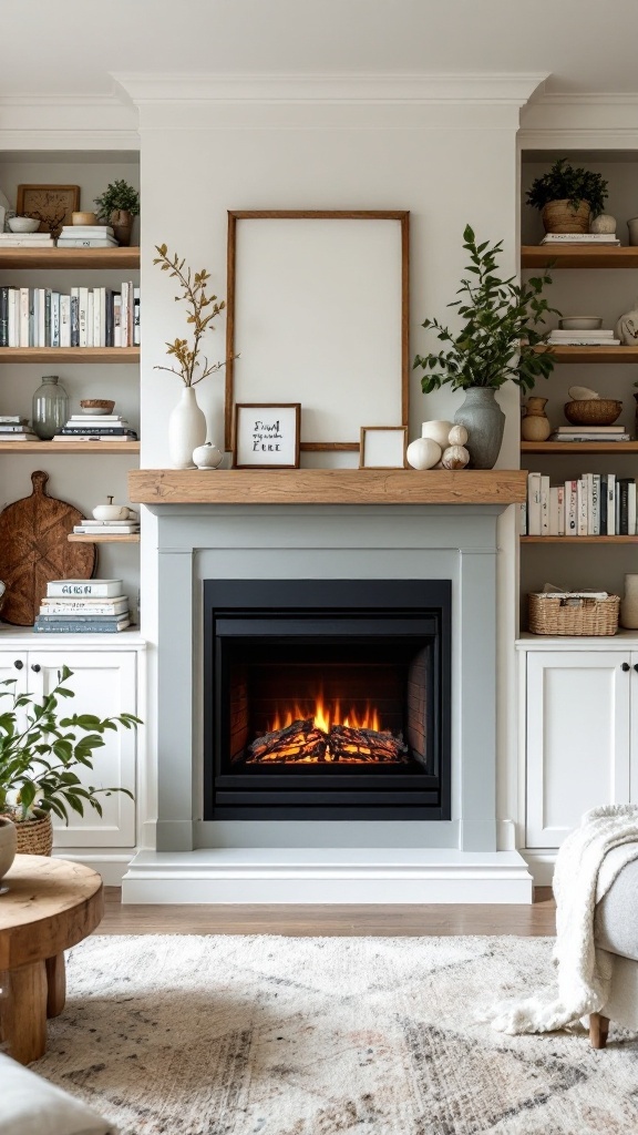 A cozy farmhouse living area featuring an electric fireplace with integrated shelving, displaying decorative items and books.