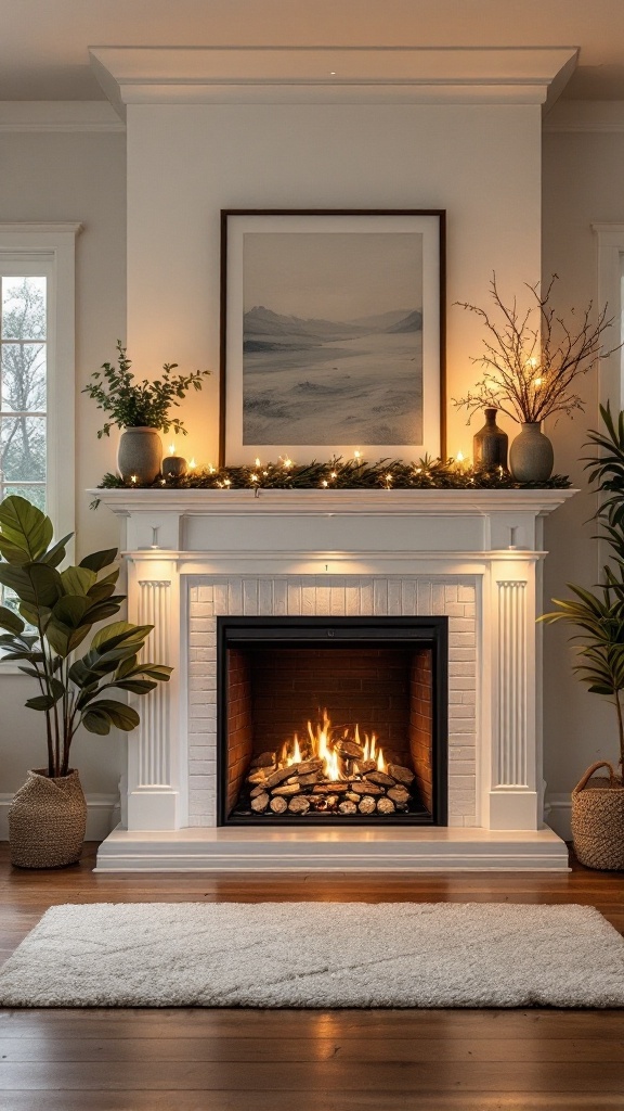 A cozy farmhouse electric fireplace with lighting accents above, featuring plants and framed artwork.