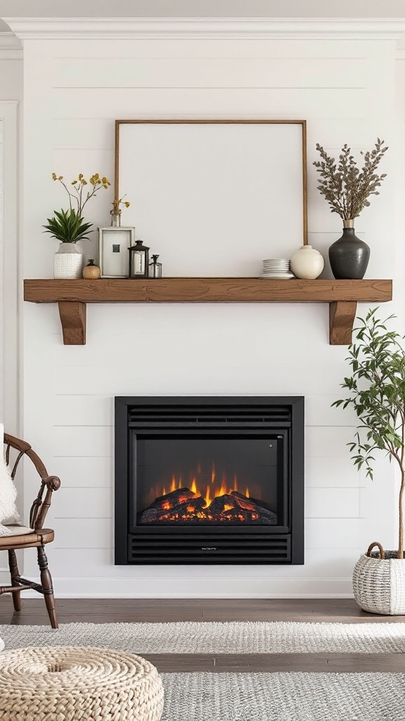 A rustic farmhouse electric fireplace with a wooden mantel displaying decor elements.