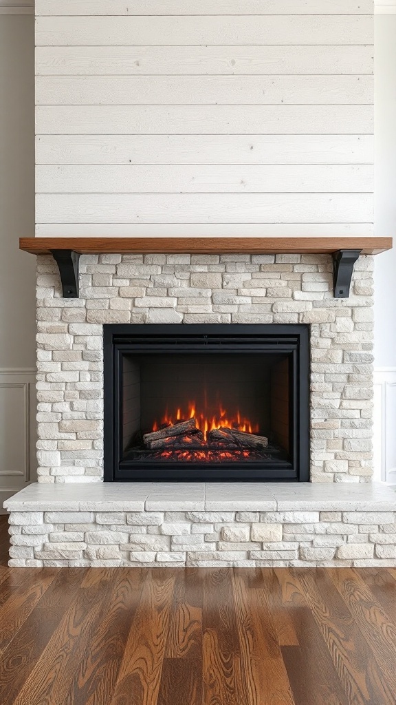 A cozy electric fireplace surrounded by textured stone and a wooden mantel in a farmhouse setting.